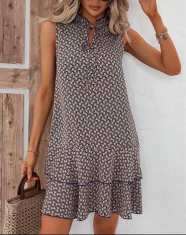 Fashion Bohemian Printed V-Neck Lace-Up Dress