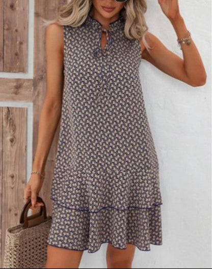 Fashion Bohemian Printed V-Neck Lace-Up Dress