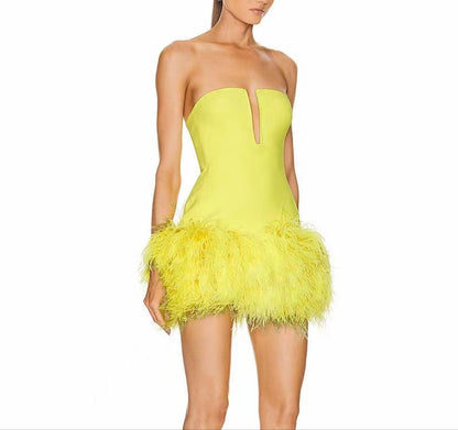 Fashion Deep V Strapless Ostrich Feather Hip-Wrapped Mini Dress