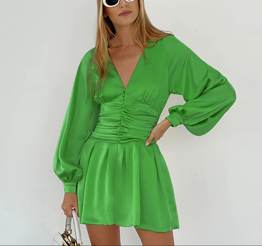 Fashion Pleated Satin V-Neck Dress