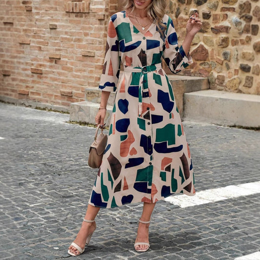 Fashion V-Neck Printed Belt Dress