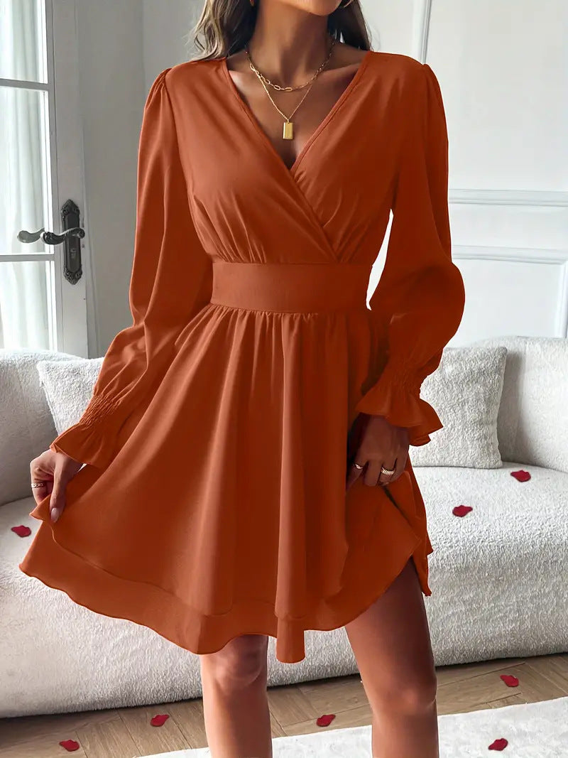 Fashion Double-Layer Skirt V-Neck Tight Waist Dress