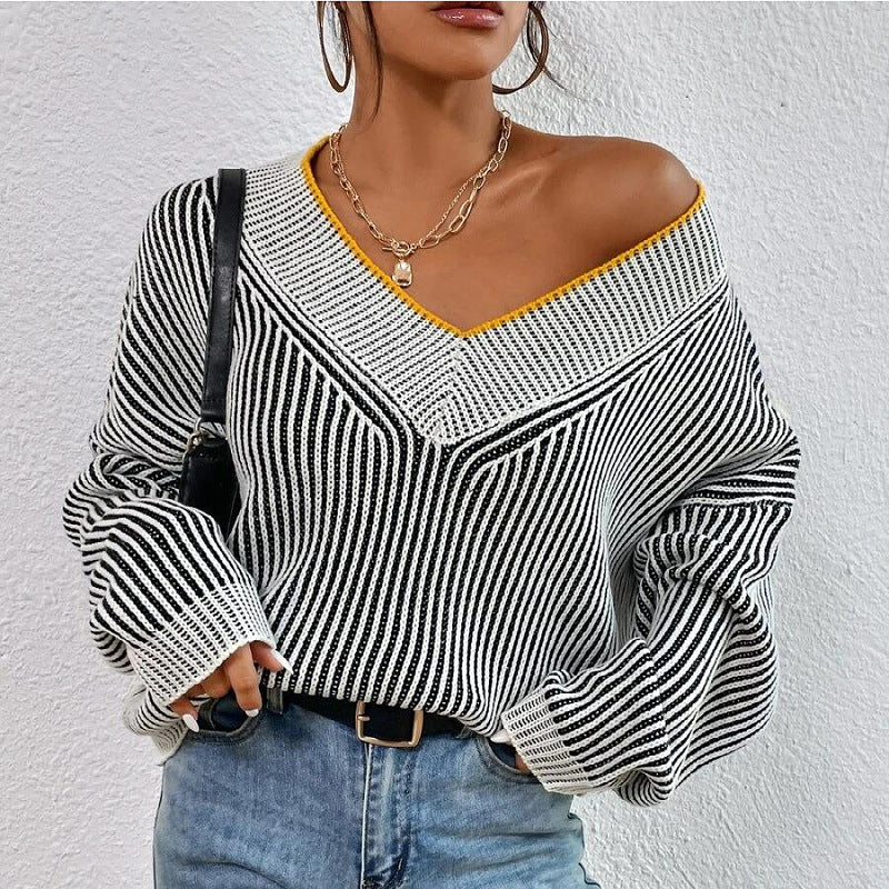 Fashion V-Neck Contrast Color Pullover Knitwear Sweater