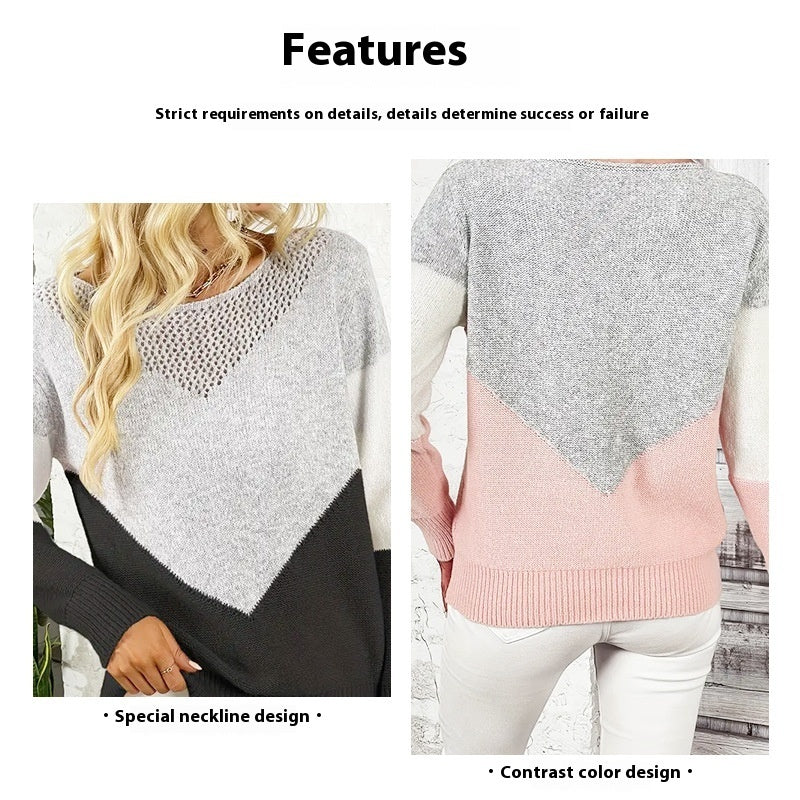 Fashion Round Neck Contrast Color Pullover Sweater