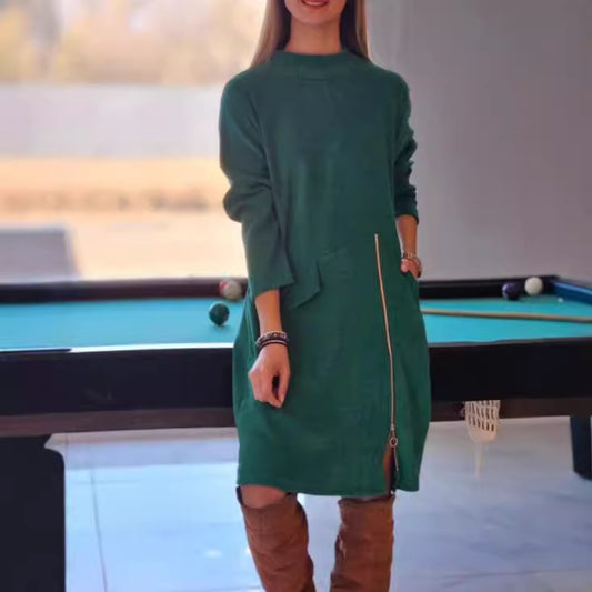 Fashion Side Zipper Split Long Sleeve Dress