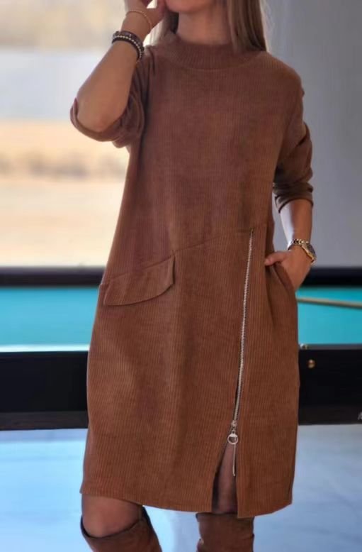Fashion Side Zipper Split Long Sleeve Dress