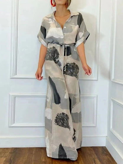 Fashion Lapel Print Lace-Up Jumpsuit