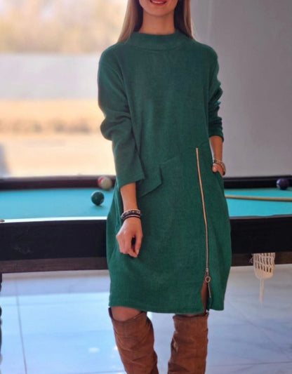 Fashion Side Zipper Split Long Sleeve Dress