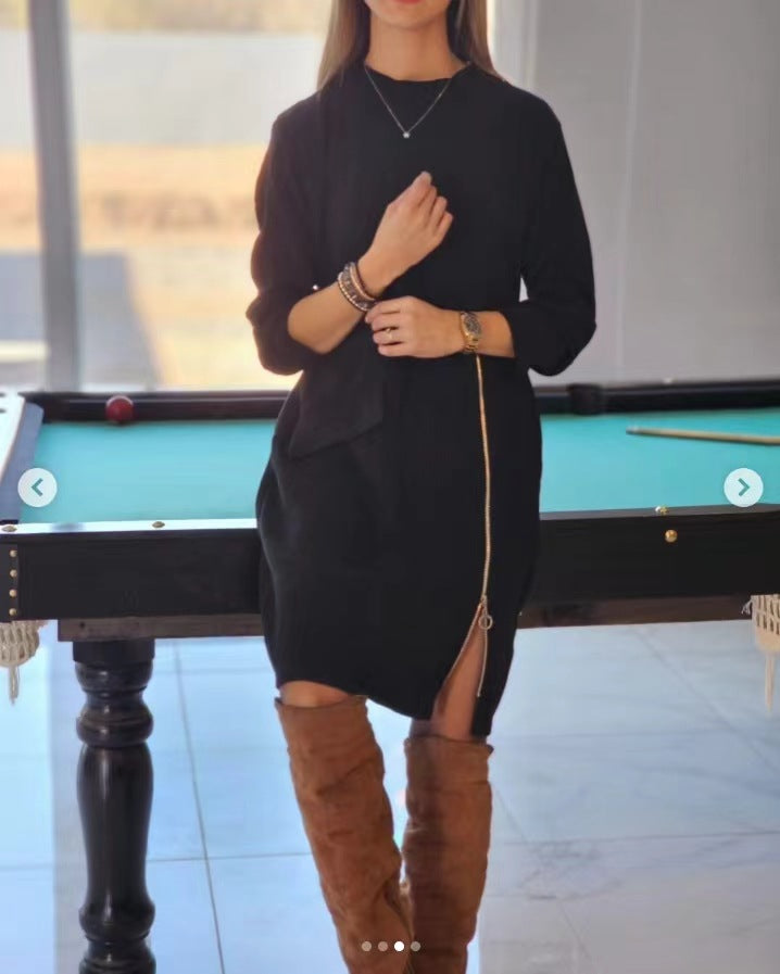 Fashion Side Zipper Split Long Sleeve Dress