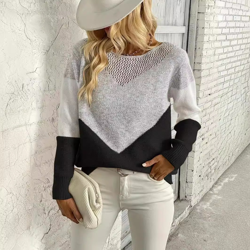 Fashion Round Neck Contrast Color Pullover Sweater