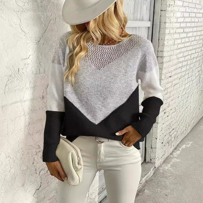 Fashion Round Neck Contrast Color Pullover Sweater