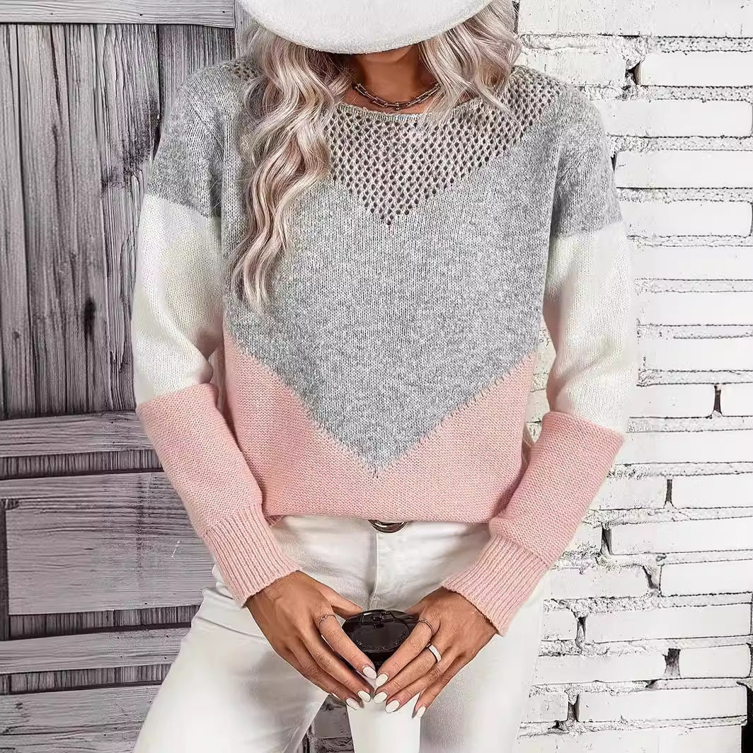 Fashion Round Neck Contrast Color Pullover Sweater