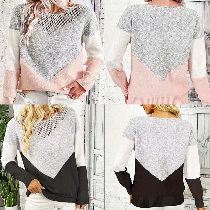Fashion Round Neck Contrast Color Pullover Sweater