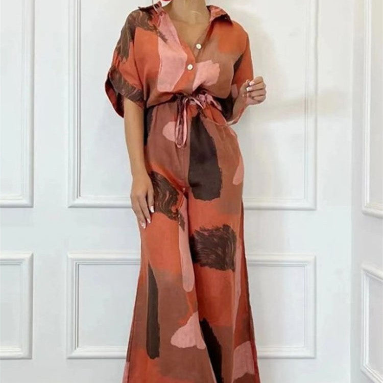 Fashion Lapel Print Lace-Up Jumpsuit