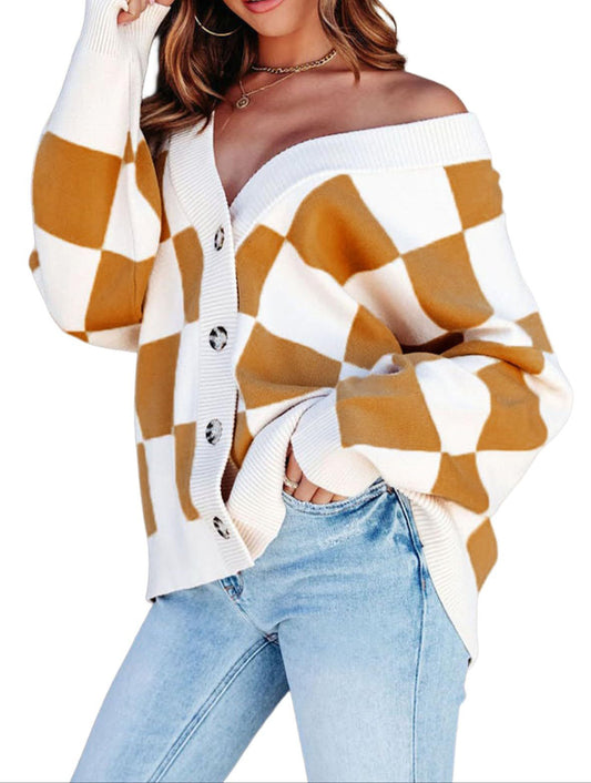 Fashion Casual Loose Checkered Contrast Color Knitted Cardigan