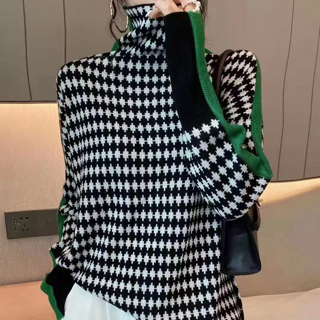 Fashion Houndstooth Turtleneck Sweater