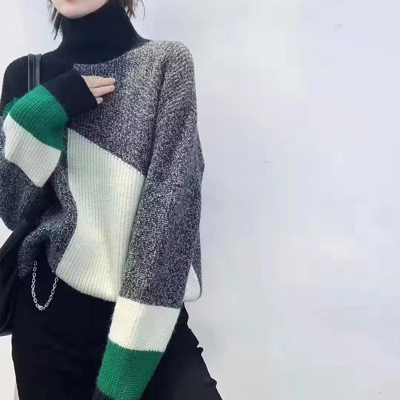 Fashion Retro Patchwork Contrast Color Turtleneck Sweater