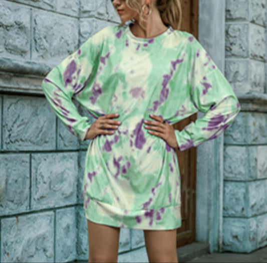 Fashion Long Sleeve Tie-Dye Mini Dress