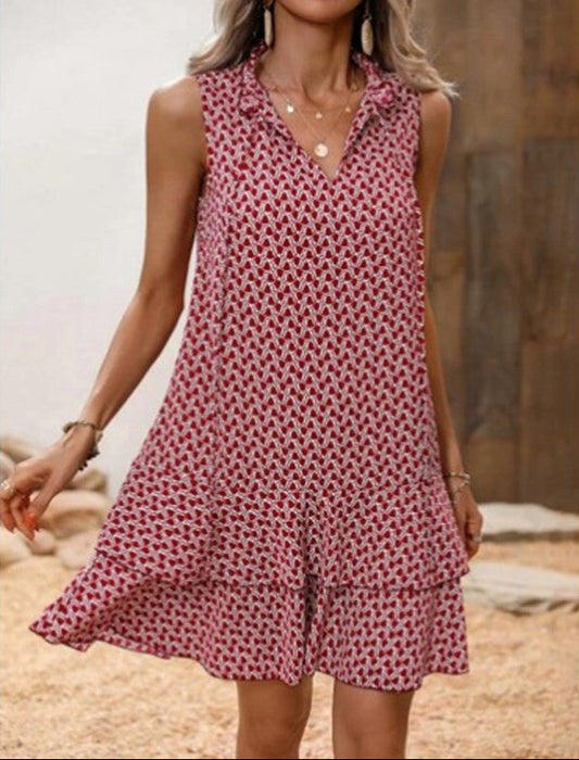 Fashion Bohemian Printed V-Neck Lace-Up Dress