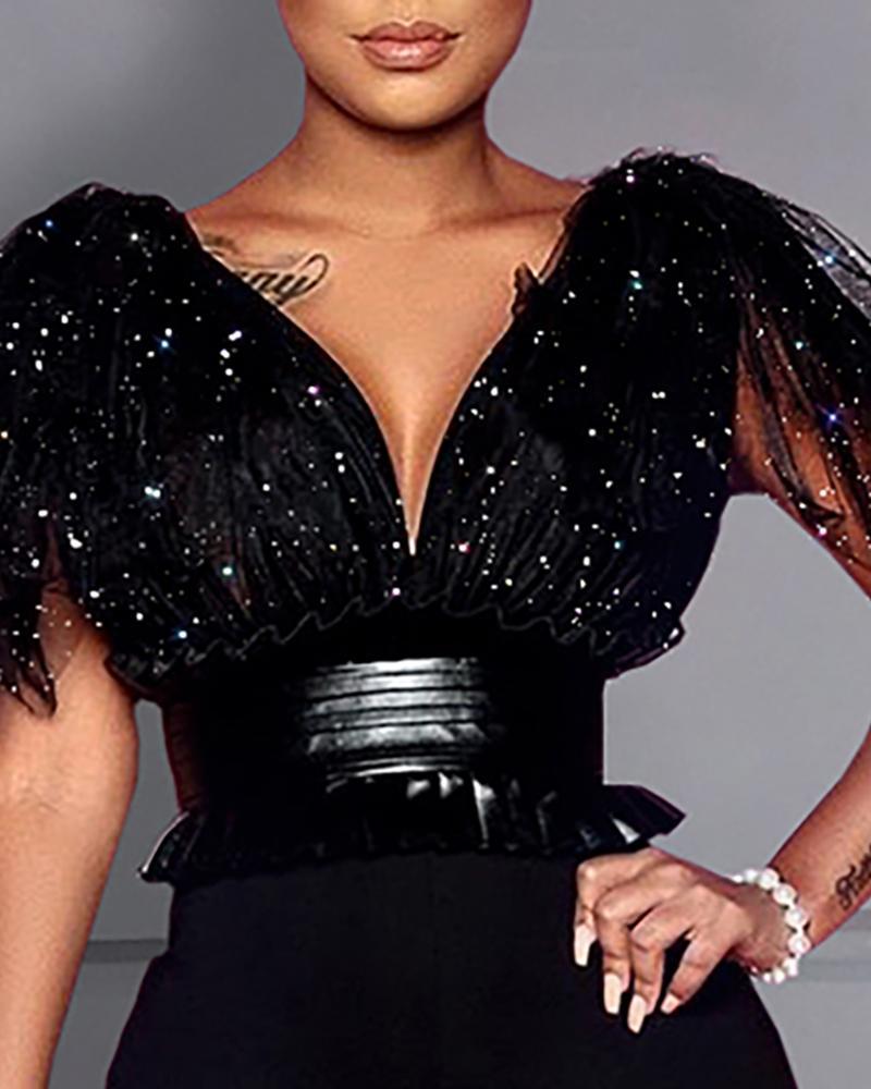 Fashion V-Neck Black Mesh Jumpsuit