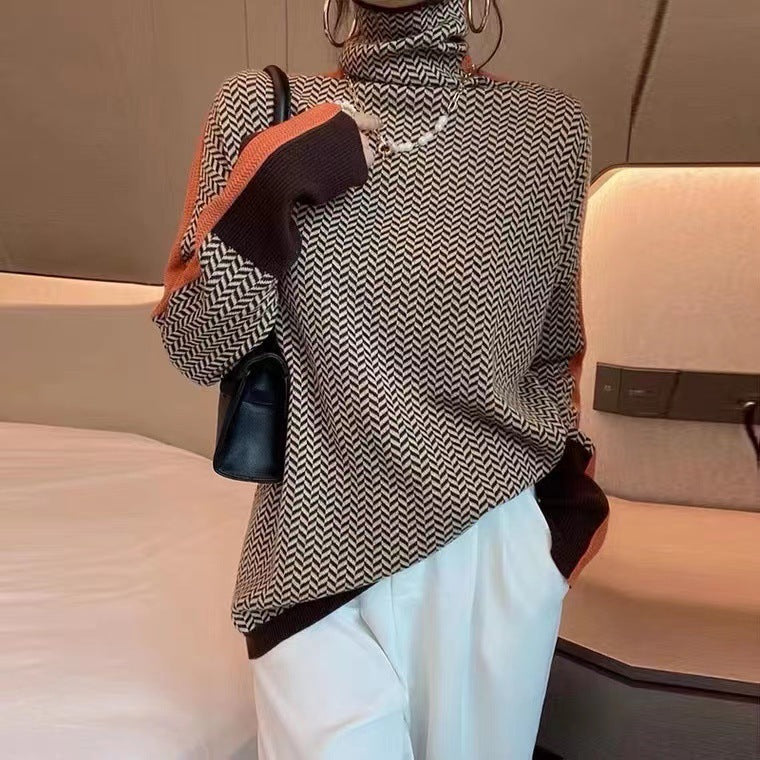 Fashion Houndstooth Turtleneck Sweater