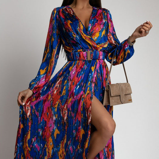 Fashion Printed V-Neck Belt Dress