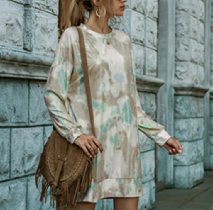 Fashion Long Sleeve Tie-Dye Mini Dress