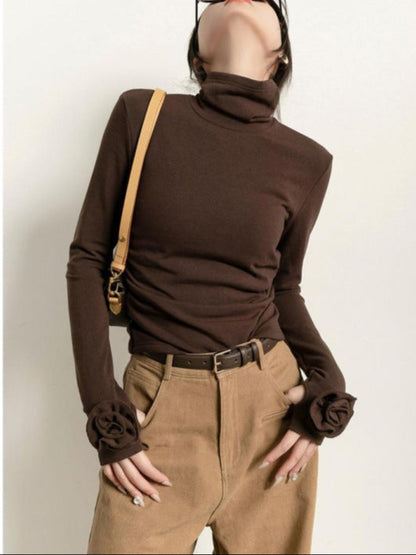 Fashion Brown Micro Velvet Lined Turtleneck Bottoming Shirt