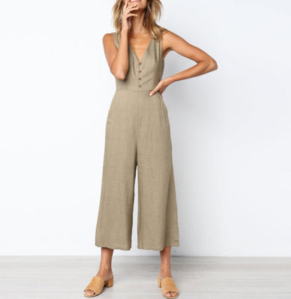 Fashion Dacron Button Backless Jumpsuit