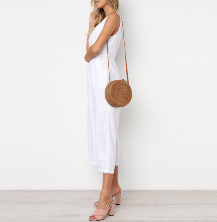 Fashion Dacron Button Backless Jumpsuit