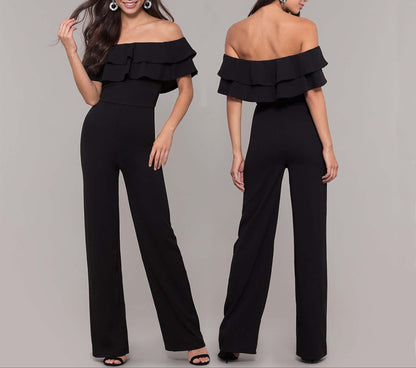 Fashion Pure Color Ruffles Jumpsuit