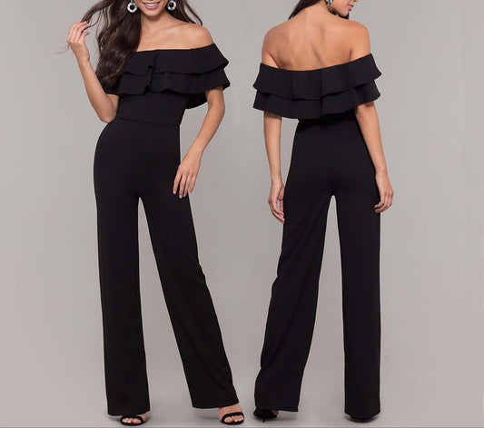 Fashion Pure Color Ruffles Jumpsuit